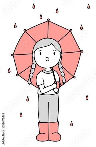 Little girl with pink umbrella and boots in rain transparent background
