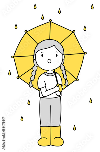 Girl standing with yellow umbrella in the rain transparent background