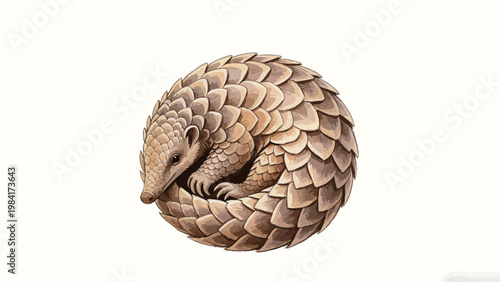 Watercolor Illustration of a Pangolin Curled Into a Defensive Ball, Detailed Textured Keratin Scales on Plain Off-White Background, Realistic Wildlife Art