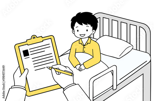 Doctor filling out medical patient form for a boy in hospital bed on transparent background