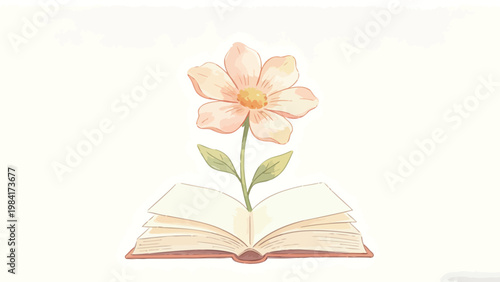 Watercolor Style Illustration of a Soft Peach-Colored Flower Growing from the Spine of an Open Blank Book, Minimalist Composition on a Plain Off-White Background