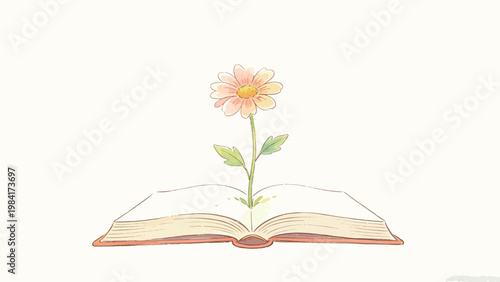 Watercolor Illustration of a Soft Peach Daisy Growing From the Center of an Open Book, Minimalist Artwork Symbolizing Knowledge, Growth and the Beauty of Literature