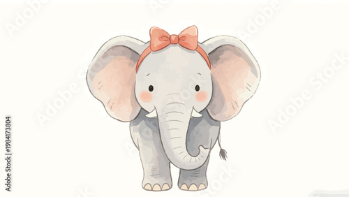 Cute Watercolor Illustration of a Baby Elephant Girl with a Peach Bow Headband on a Soft Plain Off-White Background, Charming Nursery Artwork