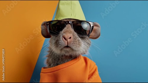 Adorable rodent wearing sunglasses and a party hat poses in front of a vibrant blue and orange background, showcasing a playful and fun atmosphere