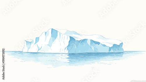 Minimalist Colored Pencil Drawing of a Lone Iceberg Floating on Calm Polar Ocean, Serene Minimal Arctic Landscape with Soft Blue and White Tones