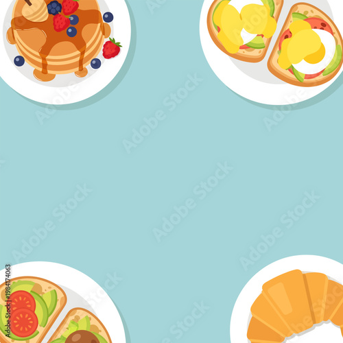 Modern Breakfast and Brunch Food Poster Template with Light Blue Background, Morning Meal Flyer Design with Flat Illustrations of Pancakes, Avocado Toast, and Croissants