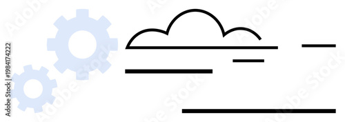 Cloud storage, digital networking, software development, automation, data sharing, innovation. Abstract cloud and gears with clean lines. Cloud storage and digital networking concept