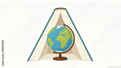 Minimalist Illustration of an Open Book Arranged as a Triangular Tent Enclosing a Desktop World Globe, Concept Art for Global Knowledge and Geography Education