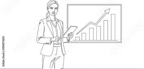Minimalist continuous one line drawing of a businesswoman giving a presentation with a tablet and a rising bar chart for financial growth success and corporate leadership concepts.