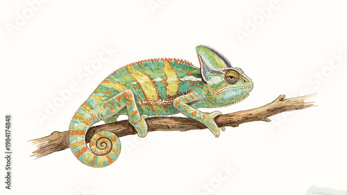 Watercolor Illustration of a Colorful Veiled Chameleon Perched on a Dry Branch Against a Plain Off-White Background