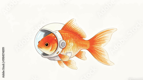 Watercolor Illustration of a Whimsical Goldfish Wearing an Astronaut Space Helmet, Dreamy Surreal Space Explorer Concept on a Clean Textured Off-White Background