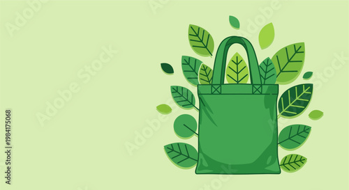 Eco-friendly green tote bag surrounded by vibrant green leaves, promoting sustainability and nature-conscious living
