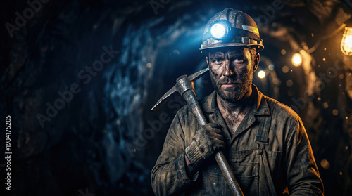A Dedicated Miner in a Dimly Lit Tunnel, Holding a Pickaxe and Wearing a Helmet with a Headlight, Showcasing the Grit of Hard Labor in Mining