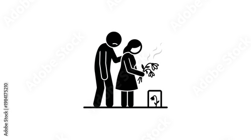 Grieving Couple at a Funeral with Flowers and a Headstone