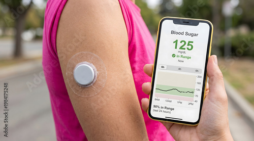 Close up of an active person outdoors using a smartphone application to monitor blood sugar levels connected to a continuous glucose monitor sensor attached to the arm.