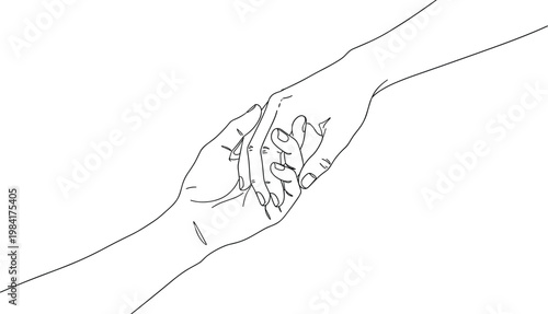 Minimalist continuous one line drawing of two hands holding and supporting each other for partnership teamwork empathy and human connection concepts isolated on white background.
