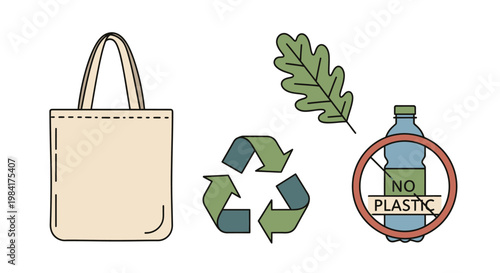 Eco-friendly reusable tote bag, recycling symbol, and plastic-free bottle icon promoting sustainable living and environmental awareness