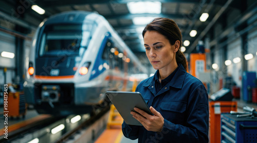 Woman in blue work uniform using a tablet in a railway workshop with train in the background, focused on technology and transportation industry
