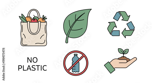 Eco-friendly symbols for sustainability, zero waste, and conscious living, including reusable bags and plant growth