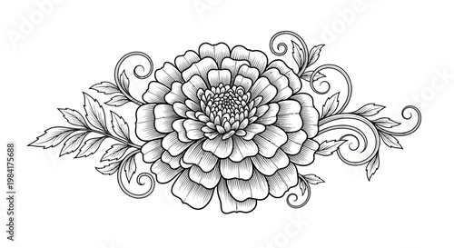 Elegant floral illustration of a detailed flower arrangement in monochrome