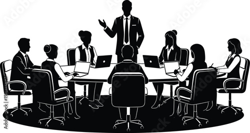 Business meeting illustration a speaker addressing a group around a table