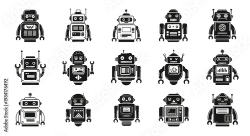 A set of fifteen high-contrast black and white vector robot icons featuring minimalist retro toy designs with mechanical details, antennas, and claw hands on a white background.