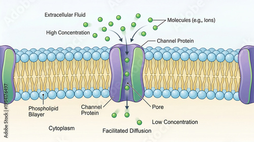 Explanation of facilitated diffusion in a cell membrane showing channel proteins and concentration gradients in a biological context