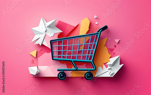Shopping cart, blue and red, on pink background, with white and, orange geometric shapes, blue cart red cart