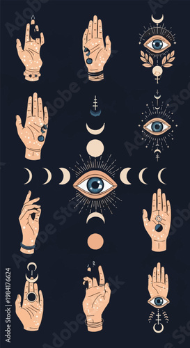 Collection of mystical esoteric vector illustrations featuring human hands in palmistry mudras, moon phases, third eye symbols, and celestial sunbursts on a dark blue background.