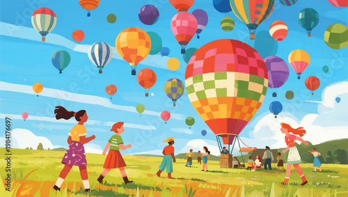 Illustration Of A Group Of Teenagers Attending A Hot Air Balloon Festival Vector Design Template