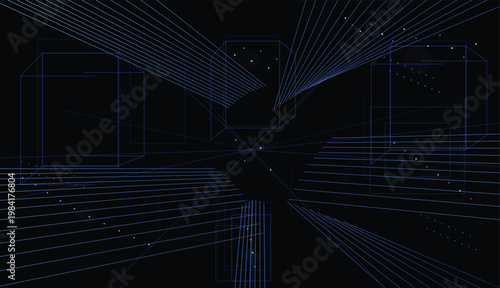 Futuristic digital wireframe geometry with glowing lines and abstract virtual space
