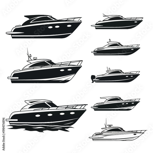 Set of black and white vector illustrations of modern motor yachts and luxury powerboats in profile, featuring sleek hull designs, cabin cruisers, and maritime vessels on white.