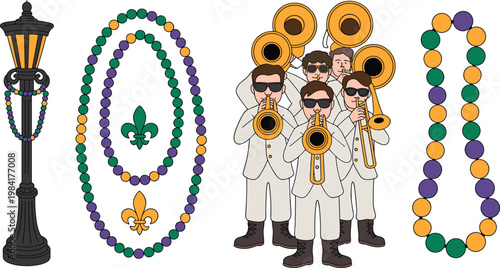 Colorful Mardi Gras celebration set featuring masquerade mask, bead necklaces, street lamp and festive people in carnival costumes illustrationColorful Mardi Gras celebration set featuring masquerade 