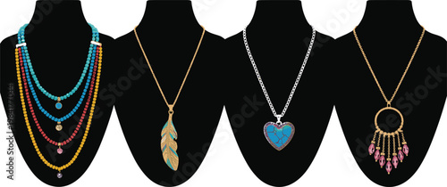 Colorful Bohemian Necklace Collection Displayed on Black Mannequin Busts Featuring Layered Chains Feather Pendant Heart Charm and Beaded Tassel Designs