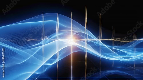Blue energy waves and light pulses flowing across frame