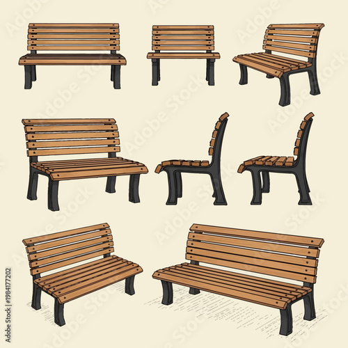 Collection of wooden park bench illustrations featuring various angles including front, side profile, and perspective views with horizontal timber slats and black metal frames.