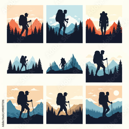 A collection of nine vector illustrations featuring silhouettes of hikers with backpacks and trekking poles walking through mountainous landscapes with pine forests and clouds.