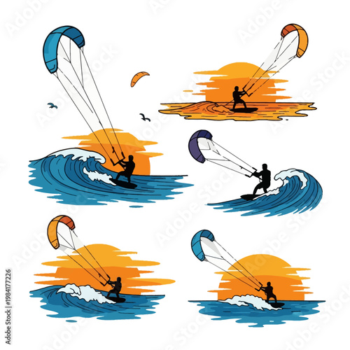 Vector illustration set of kite surfer silhouettes riding blue waves at sunset with colorful kites and orange sun, isolated on white background for extreme sports themes.