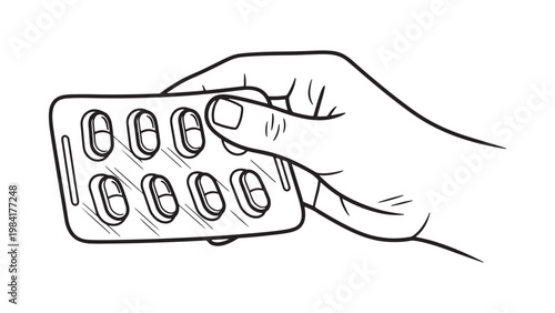 Outline drawing of a human hand holding a full blister pack of eight oval capsules, representing medication, healthcare, and pharmacy concepts.