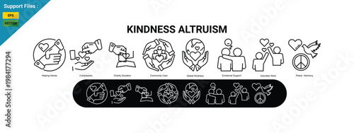 kindness and altruism line icons including helping hands, compassion, charity donation, community care, volunteer work, and global support. Clean and modern design suitable for social campaigns, chari