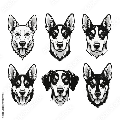 Collection of six monochromatic vector dog head illustrations featuring various breeds like German Shepherd and Husky, showcasing diverse facial markings and ear shapes on white background.