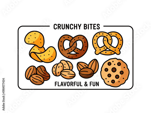 Set of crunchy snacks including potato chips, pretzels, almonds, and cookies, perfect for a flavorful and fun snack time