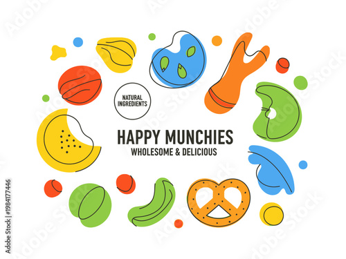 Happy Munchies Wholesome & Delicious Snacks Illustrations - A Colorful Collection of Fun Food Shapes and Playful Elements