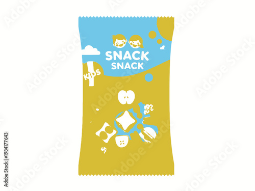 Snack pack design for kids with playful illustrations of food items and the word snack in bold text
