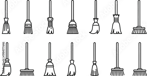 Collection of twelve different broom and brush in black outline on white background cleaning tool