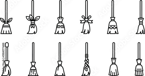 Collection of ten different broom with decorative witch broom cleaning