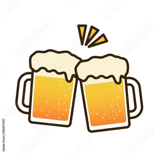 居酒屋や宴会で楽しく乾杯するジョッキに入ったビールのイラスト
