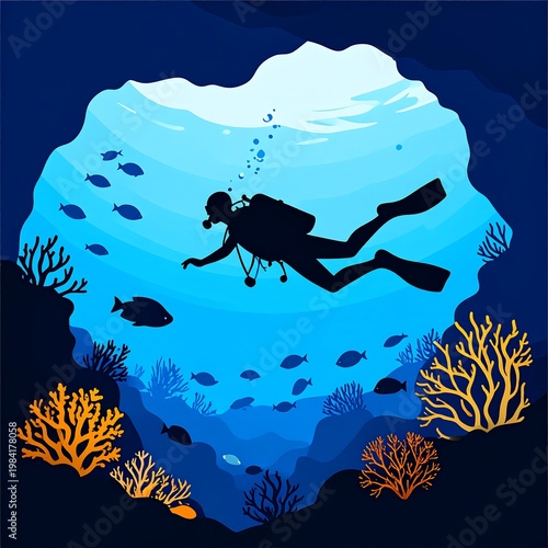 Underwater cave scene with diver, fish, coral, and blue hues