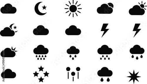 Comprehensive set of black weather forecast icons featuring sun moon clouds rain and lightning bolt symbols for mobile app interface and news web design isolated on white background.