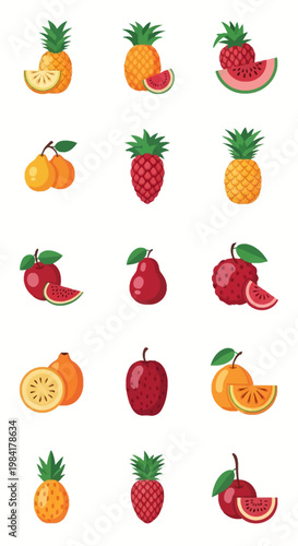 Flat vector icon set of various tropical and temperate fruits including pineapple, watermelon slices, pears, apples, and exotic berries isolated on a white background for web design.